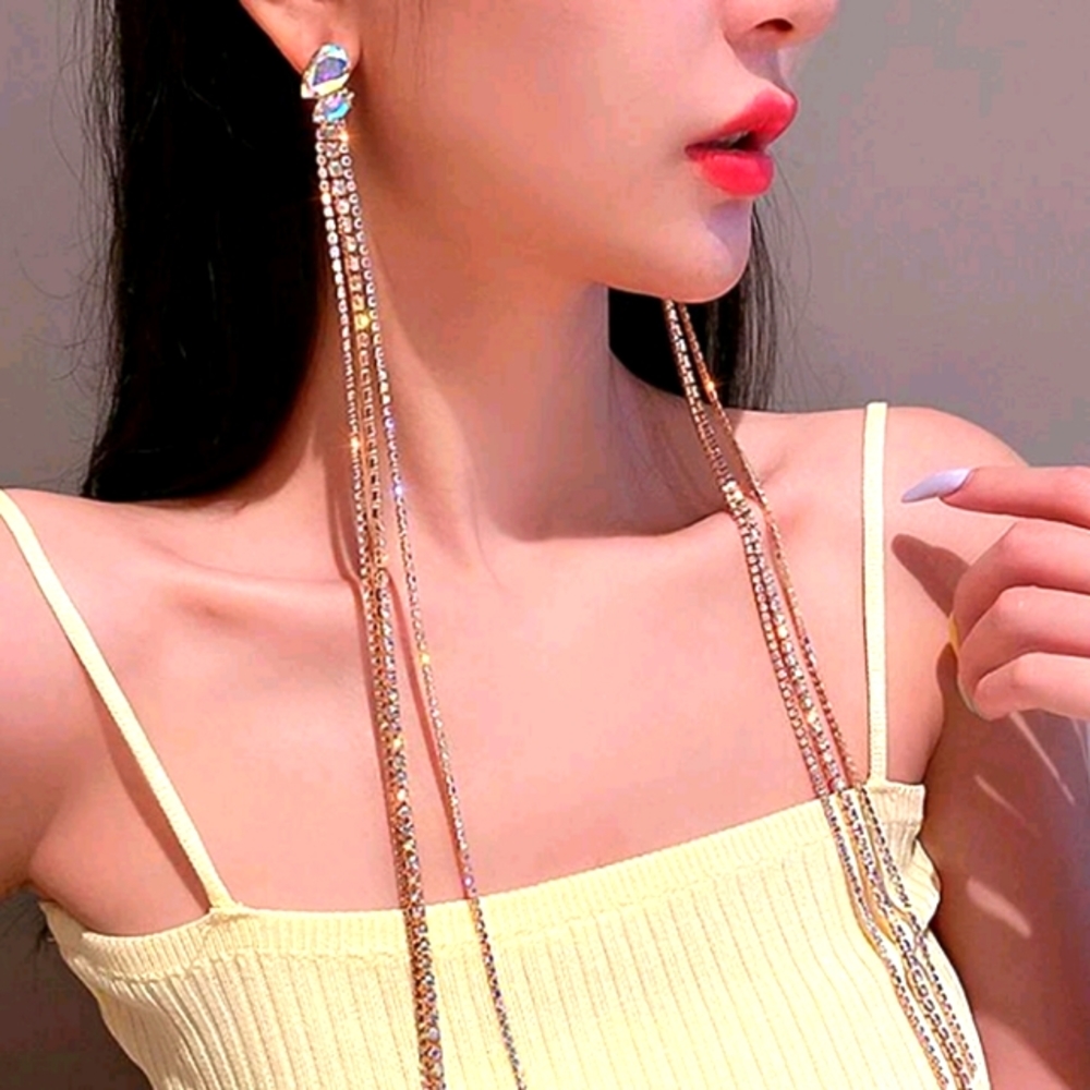 LUXURY GOLD LONG TASSLE RHINESTONE 13" EARRINGS NEW